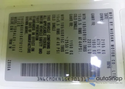 2016 Nissan Nv200 Sv z USA, uszkodzony, nr VIN 3N6CM0KN1GK701317